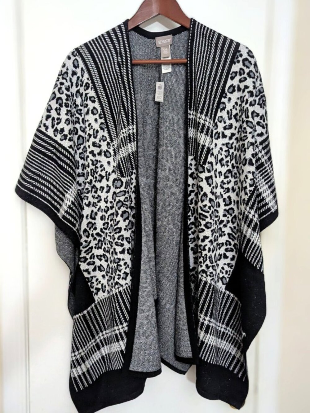 Chico's Jacquard Ruana Wrap Black Open Front Knit Poncho Patchwork One Size NWT